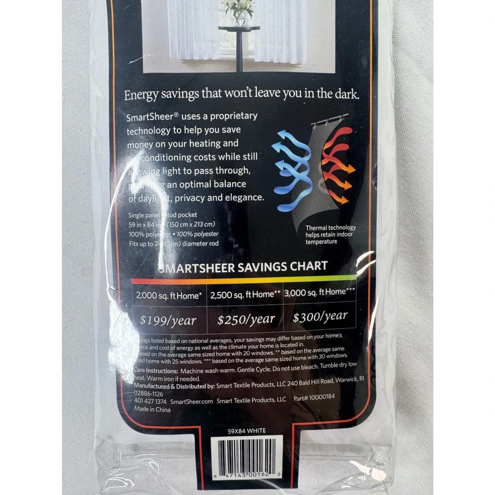SmartSheer White Insulating Window Sheer Curtain Panel 59x84 Rod Pocket New